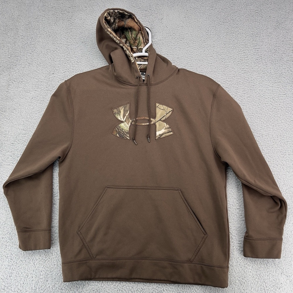 Under Armour Realtree Camo Logo Hoodie Men's Large Brown Hunting Pullover Sweats